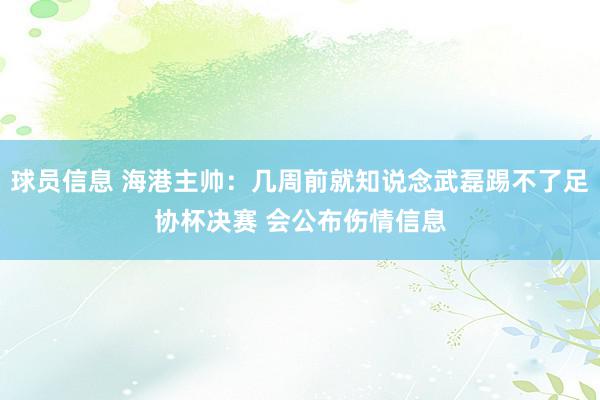 球员信息 海港主帅：几周前就知说念武磊踢不了足协杯决赛 会公布伤情信息